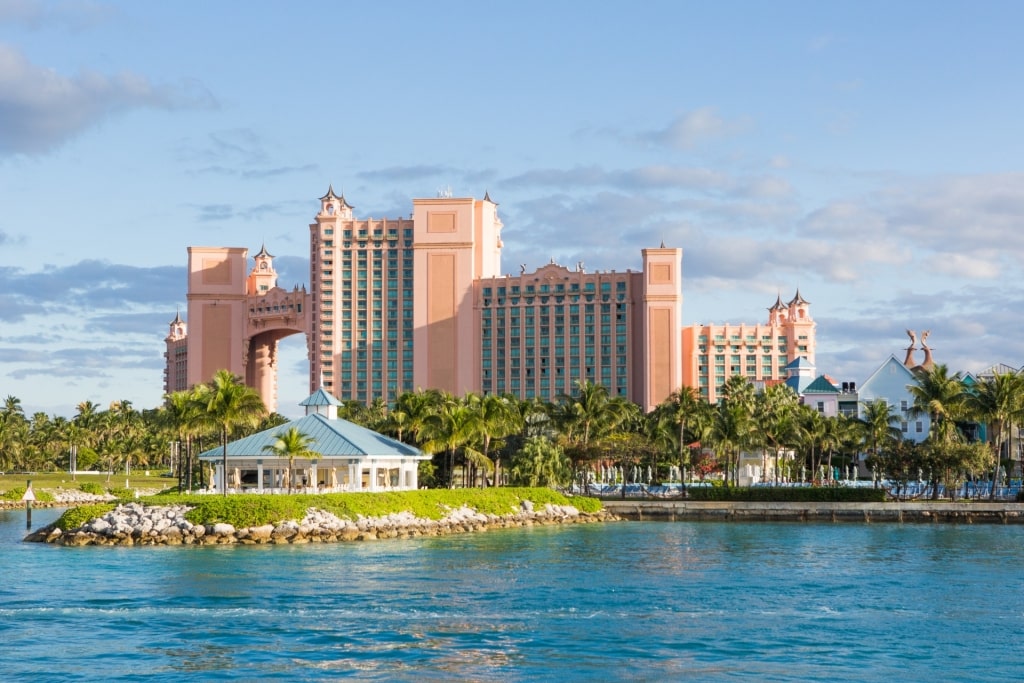 Iconic pink facade of Atlantis Paradise Island, The Bahamas