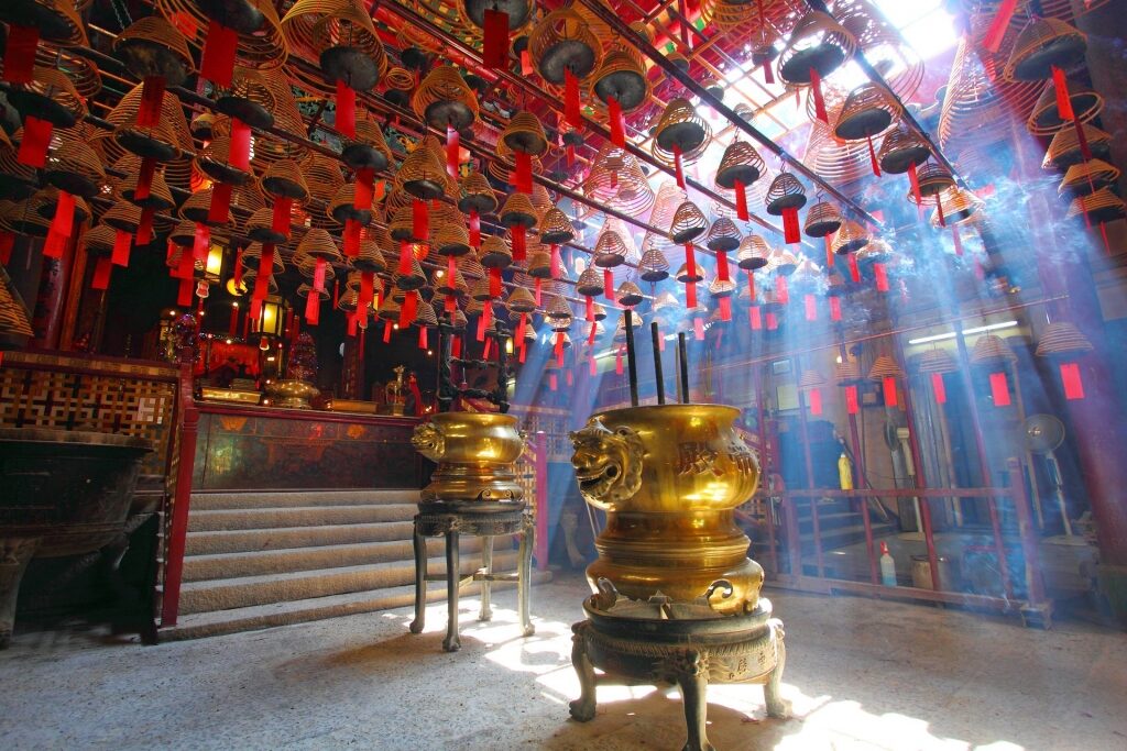Incense coils hanging from the ceiling in Man Mo Temple