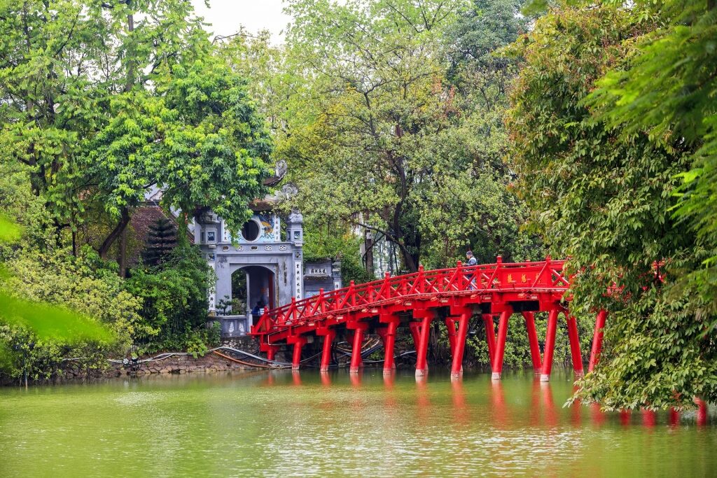 Historic red bridge in Hanoi Old Quarter