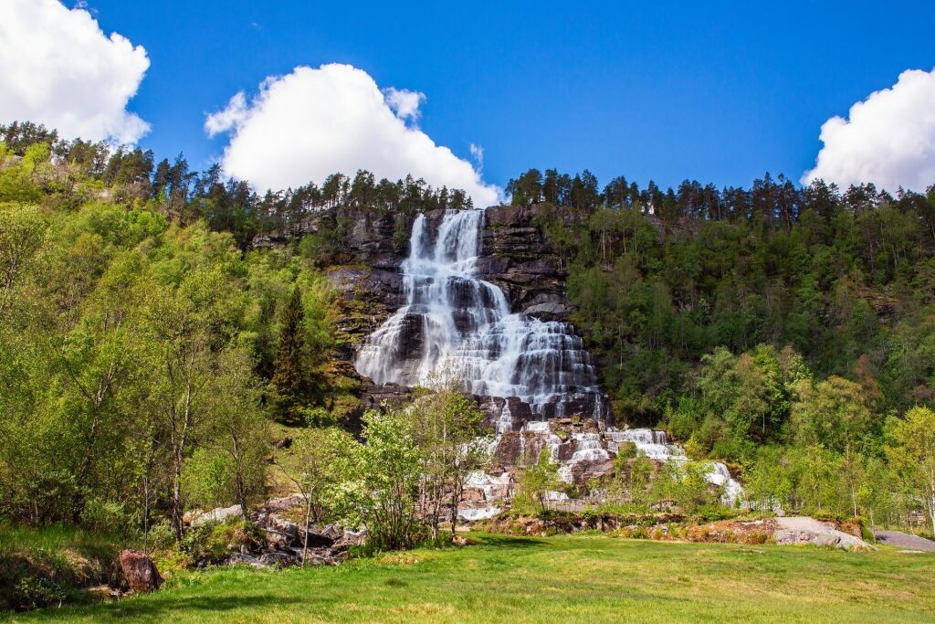 Lush landscape of Tvinde Waterfall