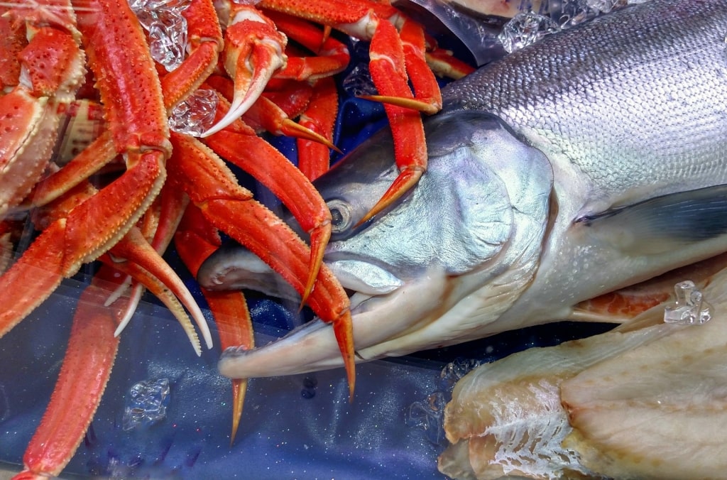 Freshly-caught salmon and king crab