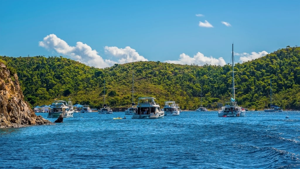 Beautiful view of Norman Island with boats