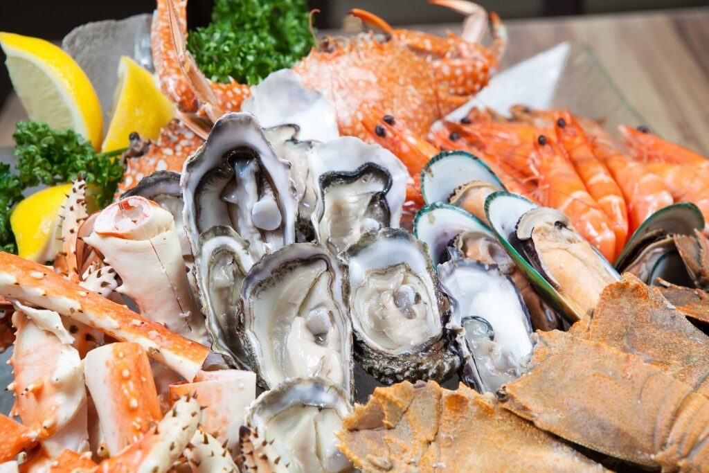 Seafood buffet with oysters and Alaskan King crab