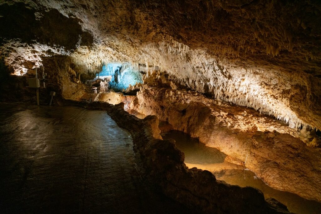 Beautiful stalagmites sparkling inside Harrison's Cave, Barbados