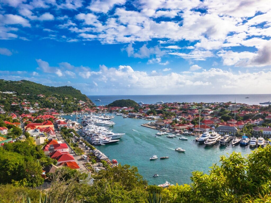Aerial view of beautiful St. Barts with pier