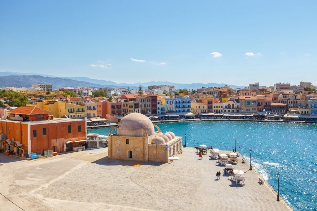 Colorful waterfront of the Old Venetian Port of Chania in Crete, Greece