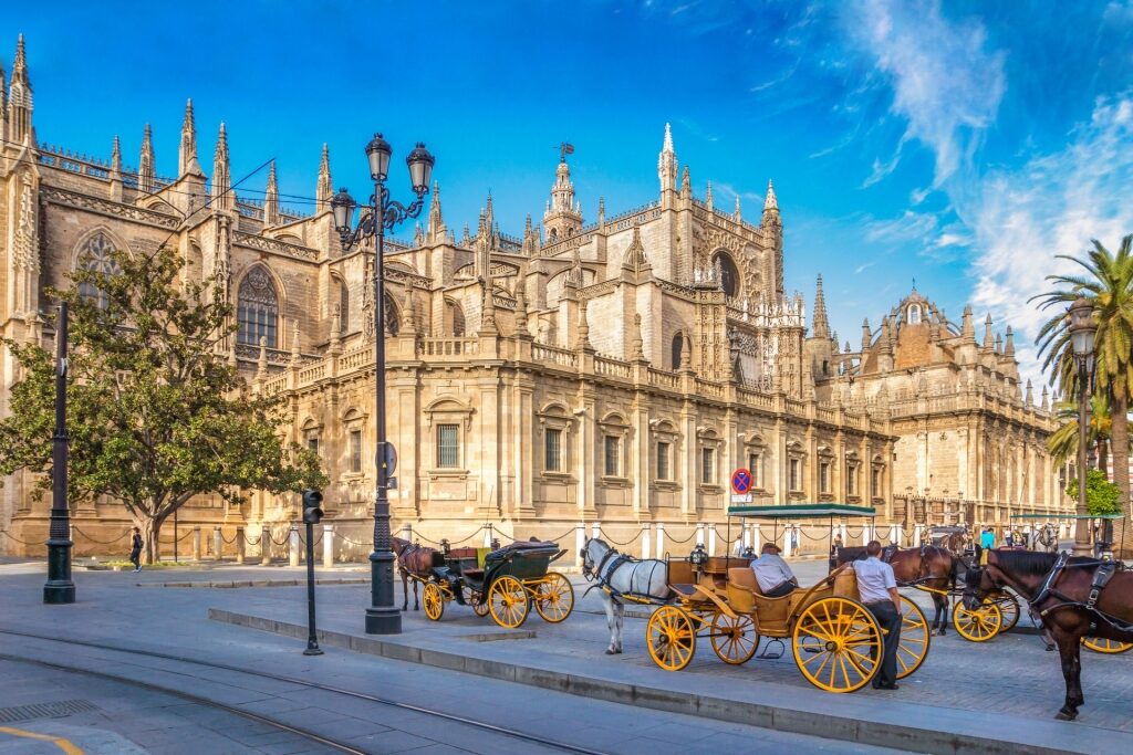 Beautiful Seville Cathedral with horse-drawn carriages 