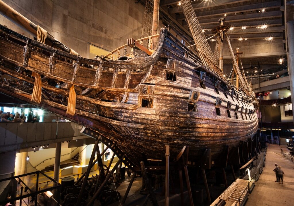 Old ship inside the Vasa Museum in Stockholm, Sweden