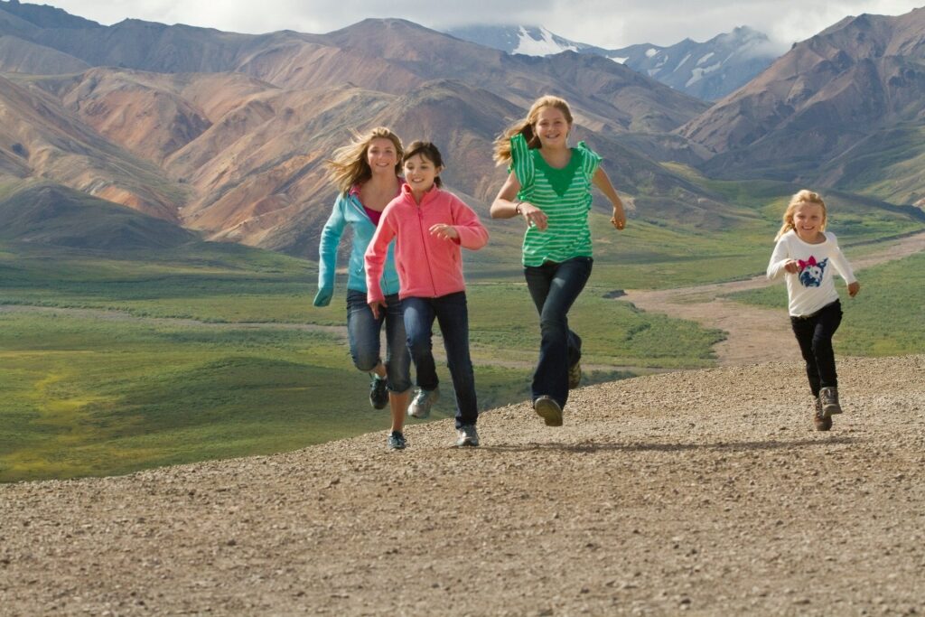 Kids running in Denali National Park
