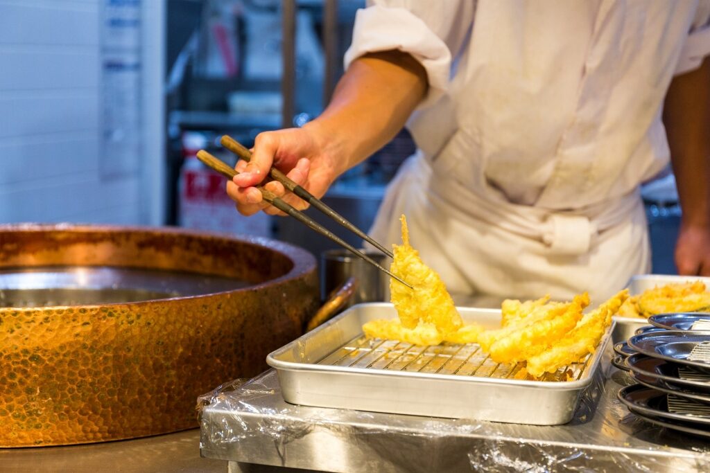 Chef frying tempura