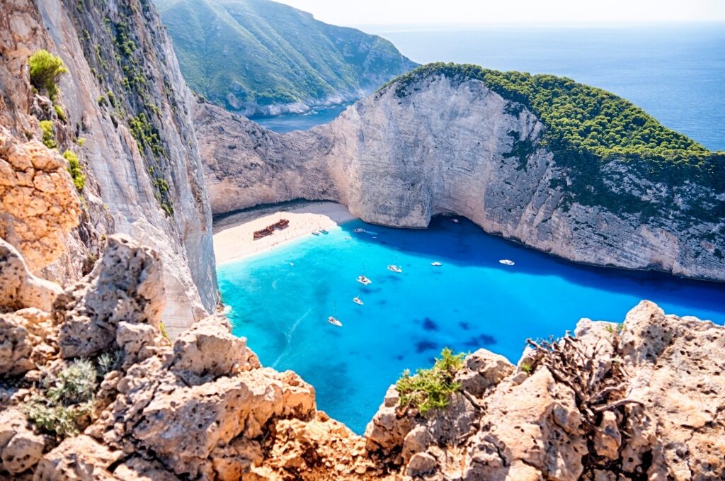 Picturesque view of Navagio Beach in Greece from the cliff