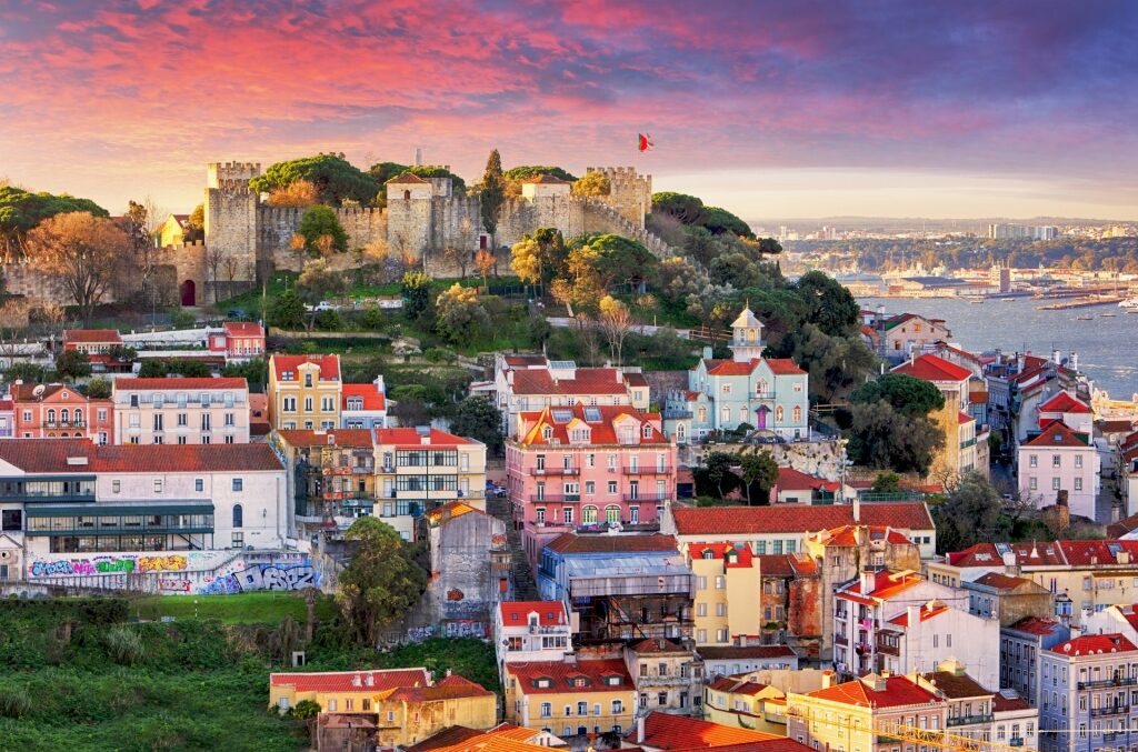 Scenic seaside of Lisbon, Portugal including Sao Jorge Castle
