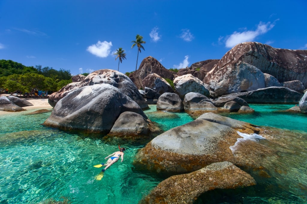 Women snorkeling in The Baths at Virgin Gorda, British Virgin Islands