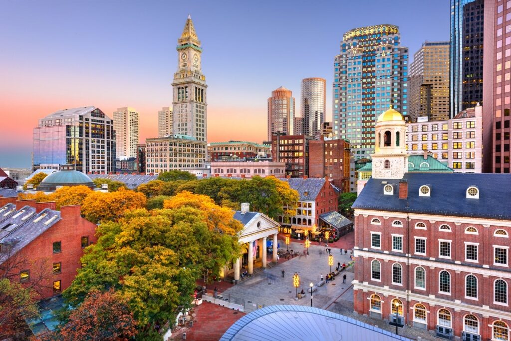 View of downtown Boston in autumn including Quincy Market and Faneuil Hall