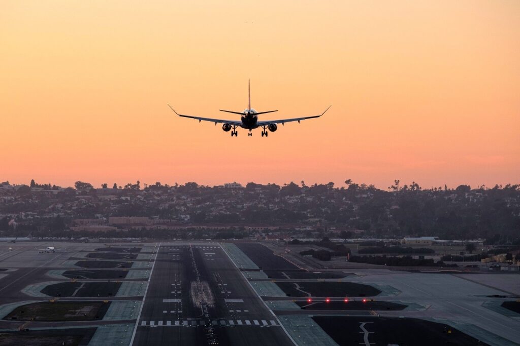 Airplane preparing to land on San Diego airport