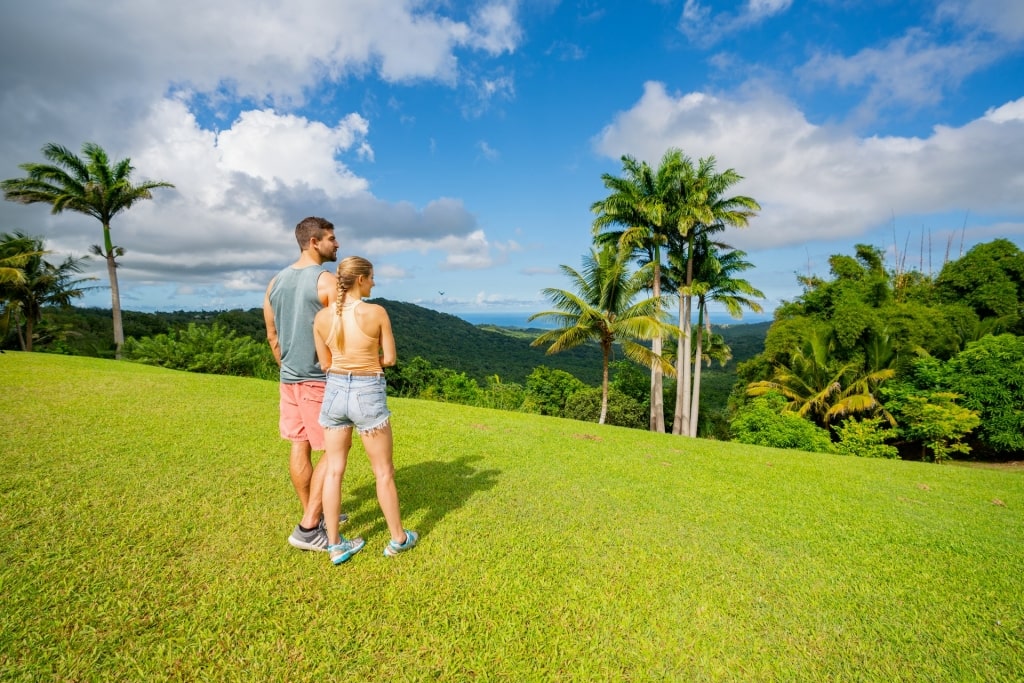 Couple sightseeing from lush Highland Park in Barbados