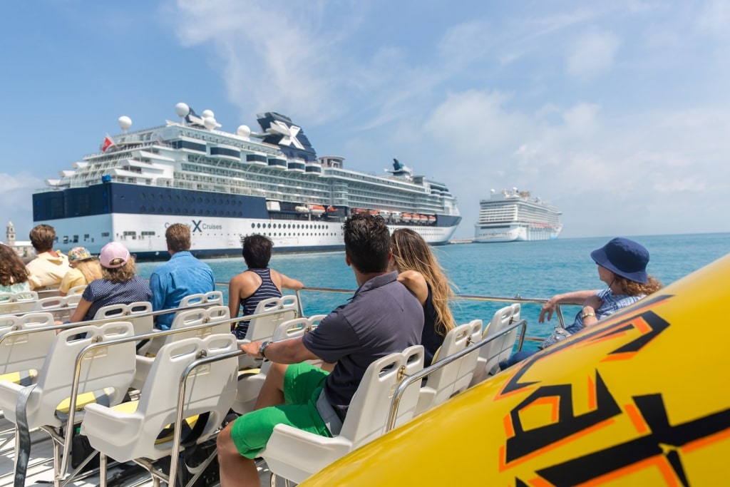 Guests on a boat ride going back to Celebrity cruise ship