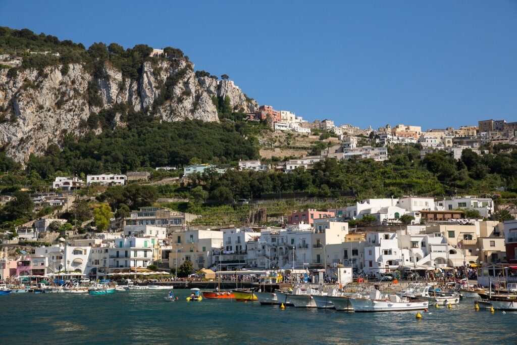 Coast of Capri with houses and boats