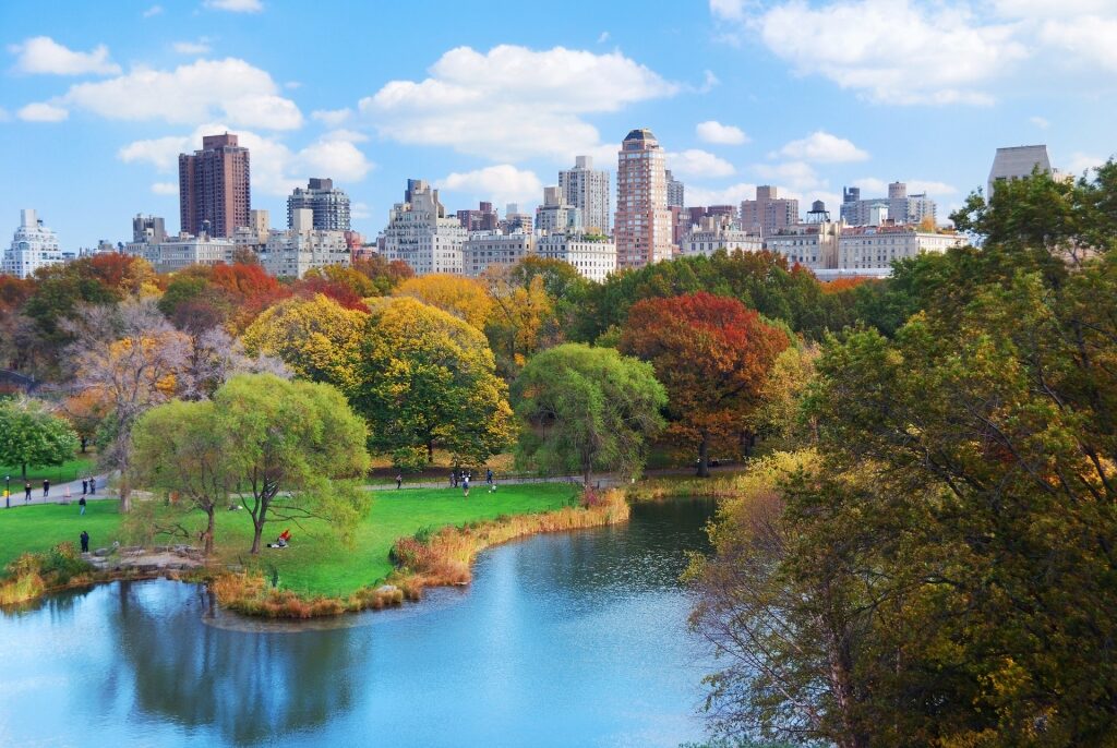 Central Park including lake in autumn with New York city skyline