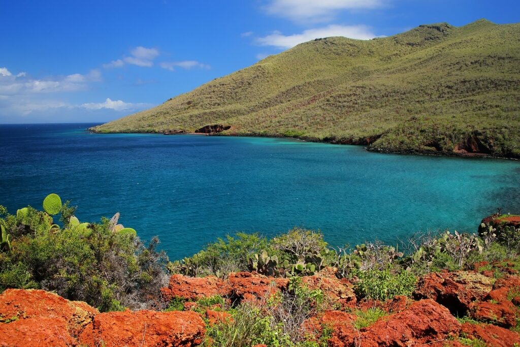 Deep blue water and mountain view of Rabida Island