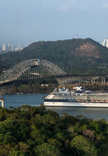 Cruise ship moving under a bridge in the harbor