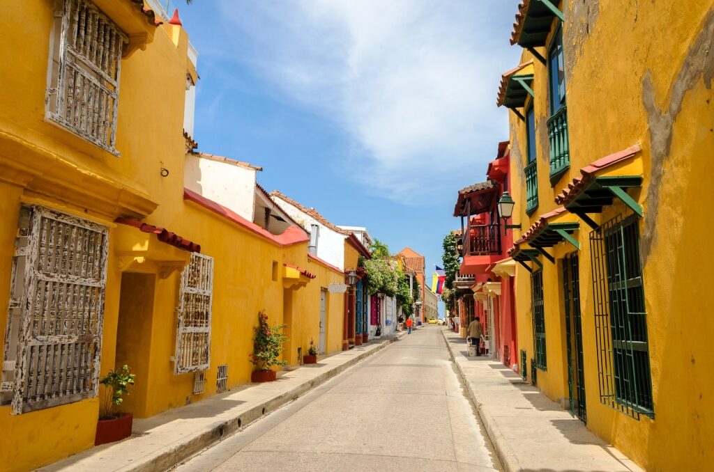 Residential street with yellow houses in Cartagena, Colombia