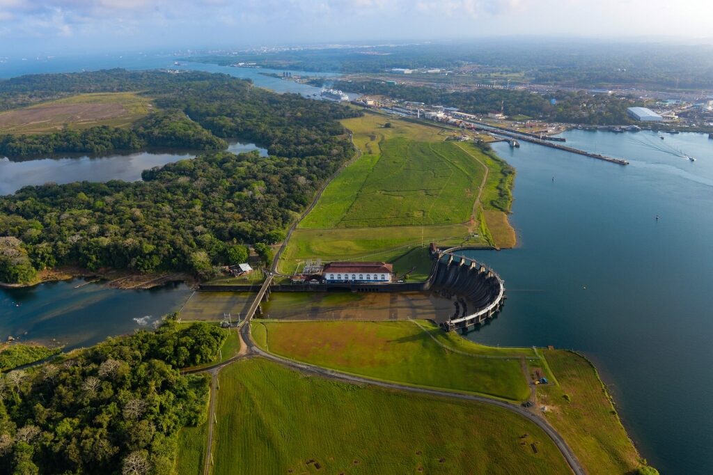 Aerial view of Panama including Gatun locks