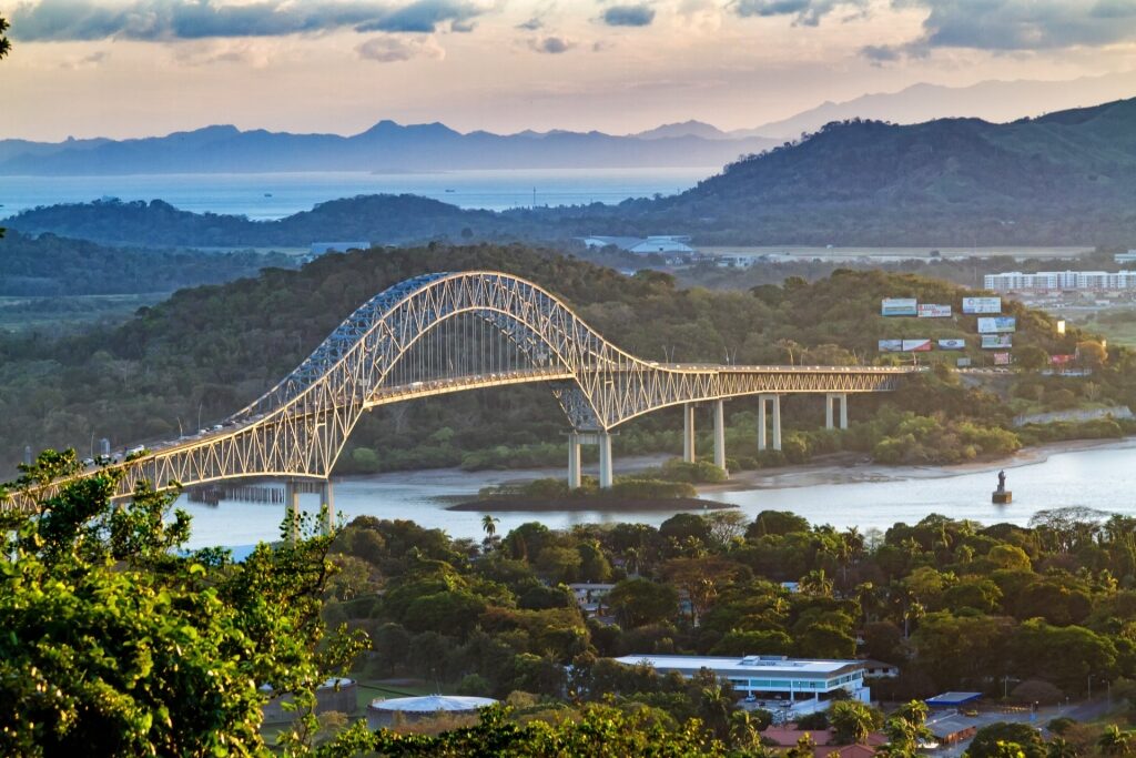 Bridge of the Americas with Panama landscape 
