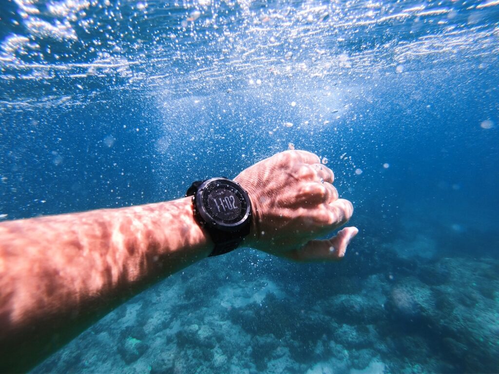 Waterproof watch underwater
