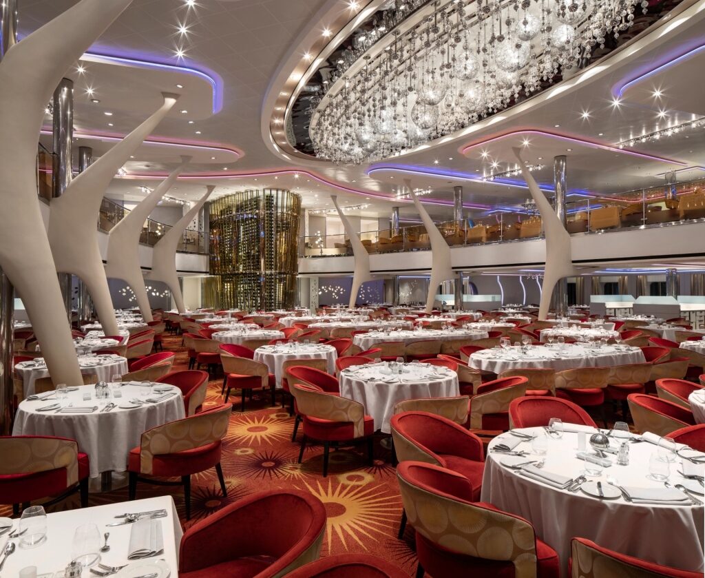 View inside the elegant Main Restaurant aboard Celebrity