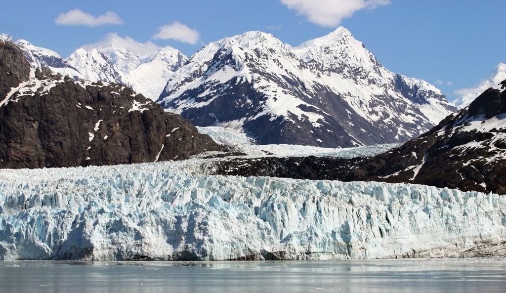 Glacier Bay with snowy mountains as backdrop in Alaska