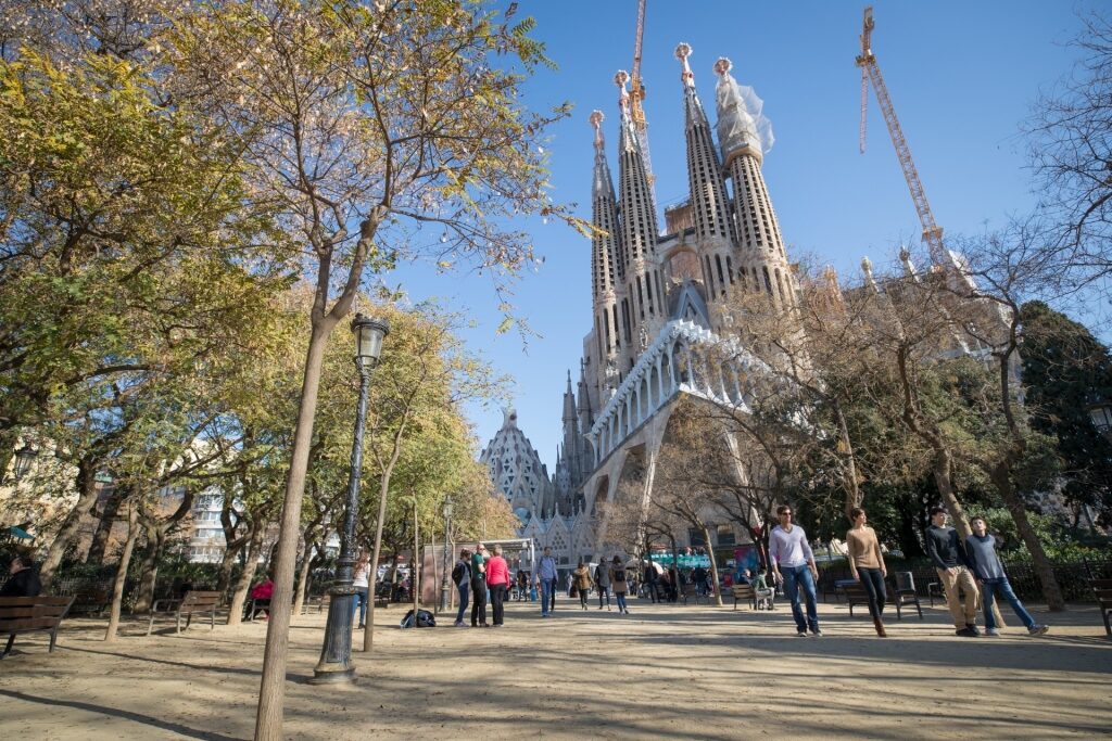 Street view of Sagrada Familia in Barcelona, Spain