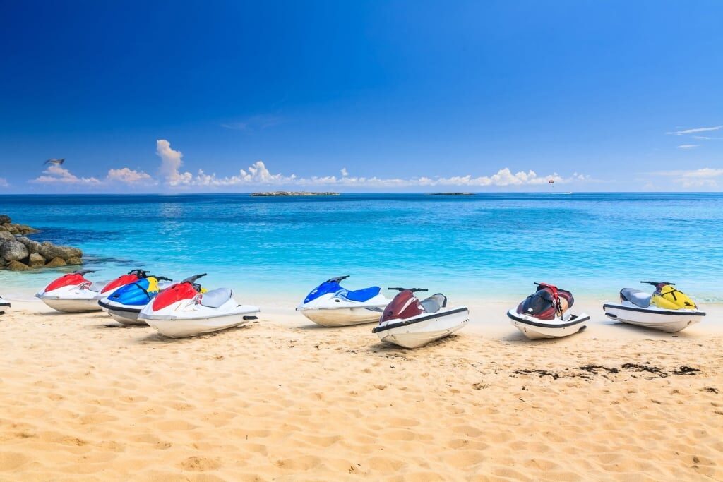 Single motorboats parked along the shores of Nassau, Bahamas 