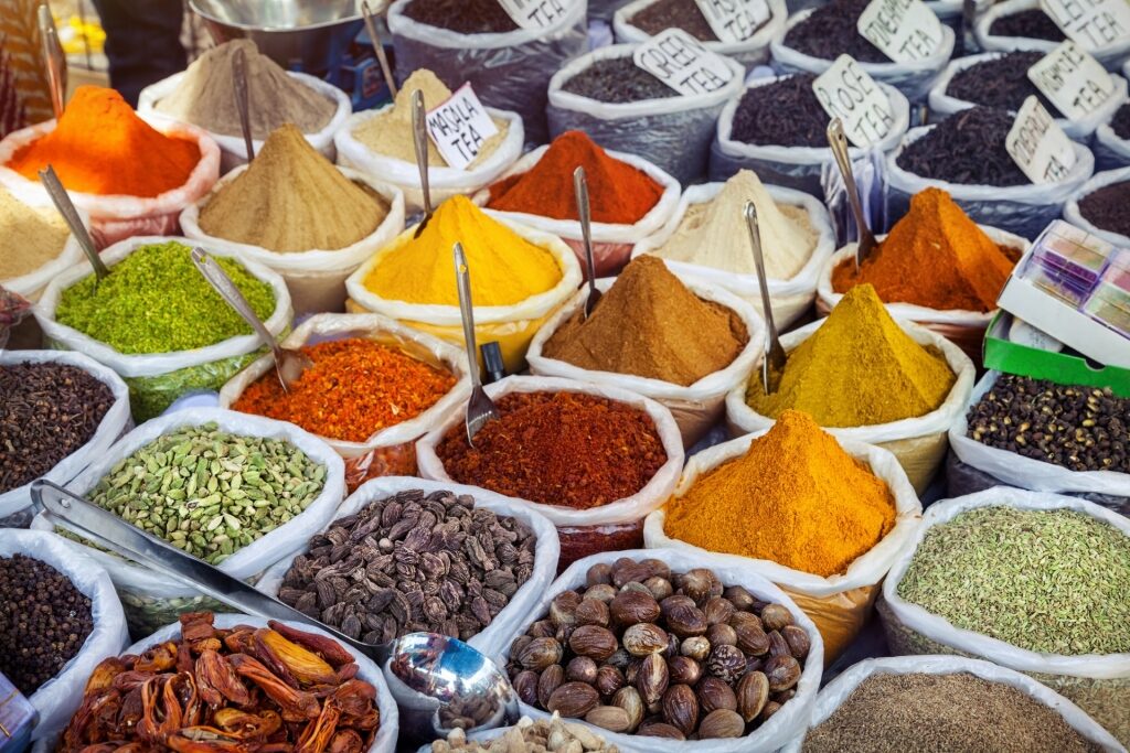 A selection of spices at a spice market in Goa, India