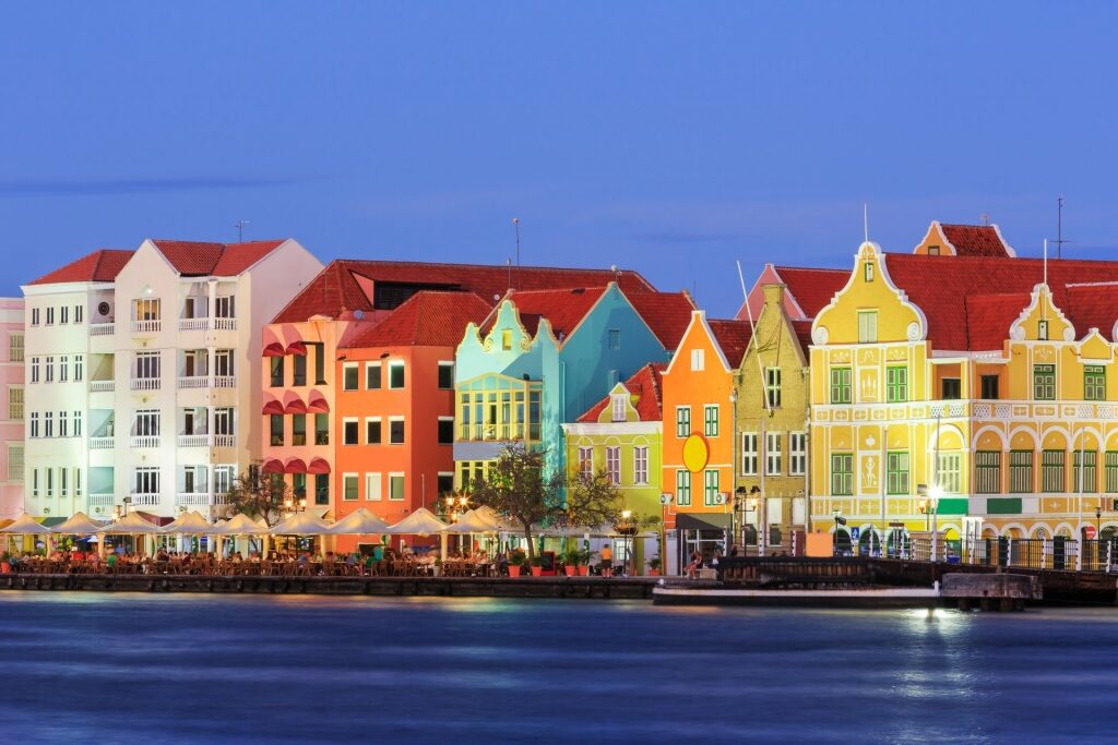 Colorful buildings of Willemstad, Curacao at night