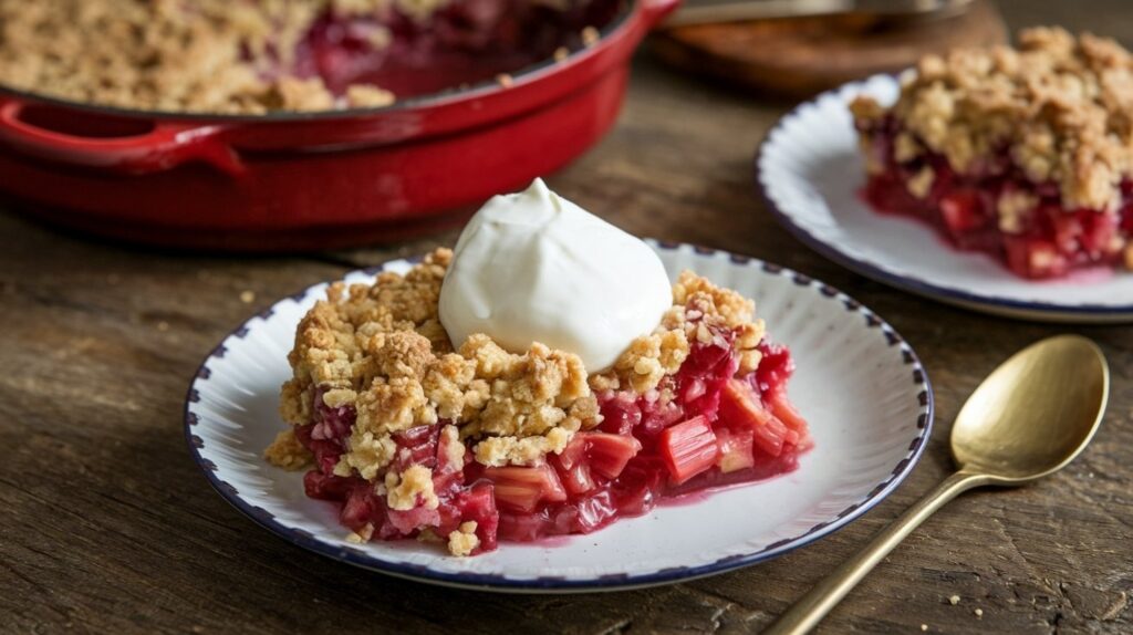 Slice of rhubarb pie on a plate