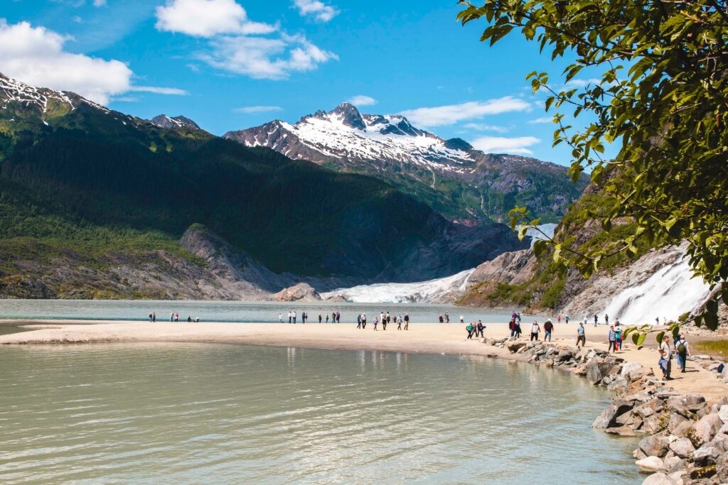 People exploring Mendenhall Lake and Glacier