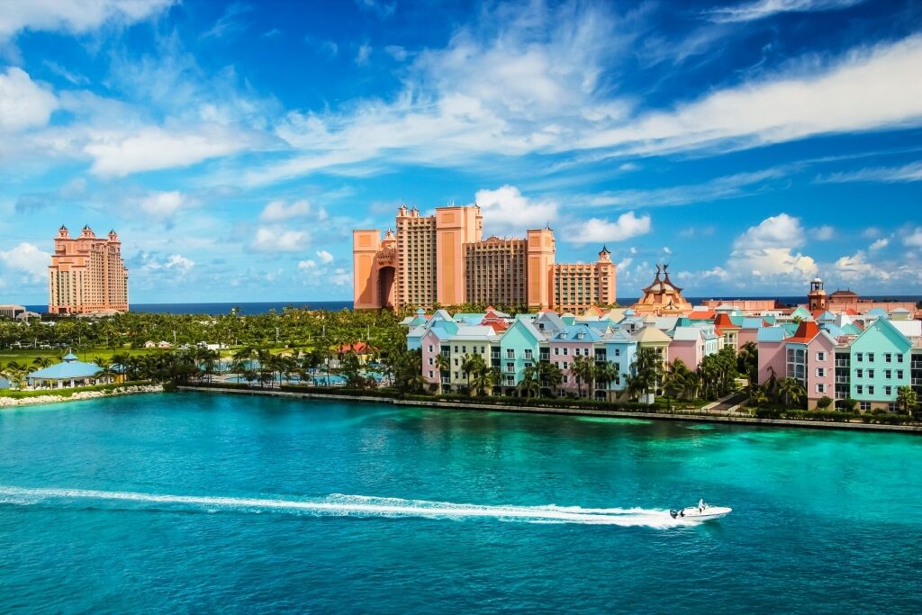 Colorful pastel houses and turquoise waters in Nassau, Bahamas 