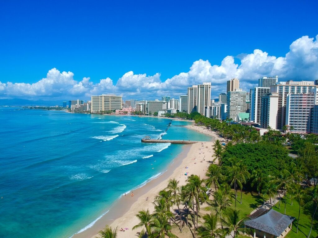Skyline of Honolulu Hawaii including Waikiki Beach
