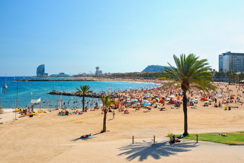 Crowded beach in Barcelona, Spain