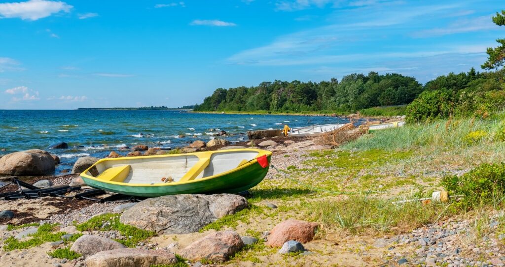 Peaceful view of Baltic sea coast with boat 