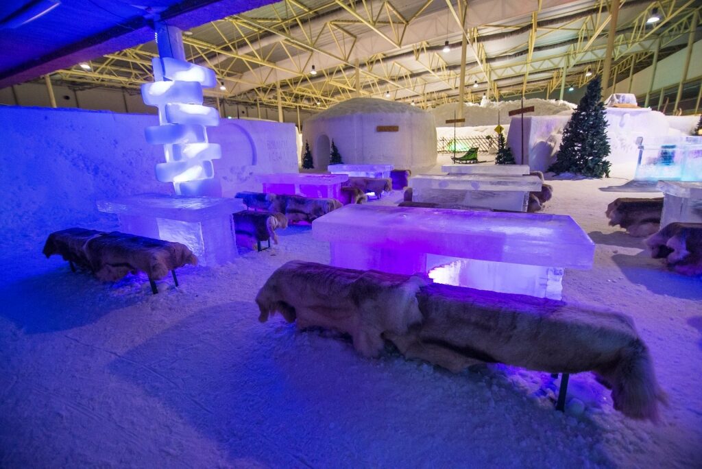 Ice igloos and sculptures with snowy floor