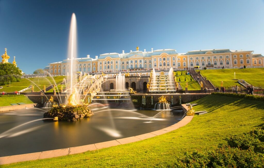 Landscape of Peterhof Palace with fountain