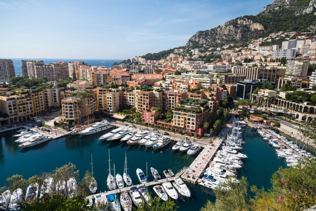 City view and luxurious yachts in Monaco