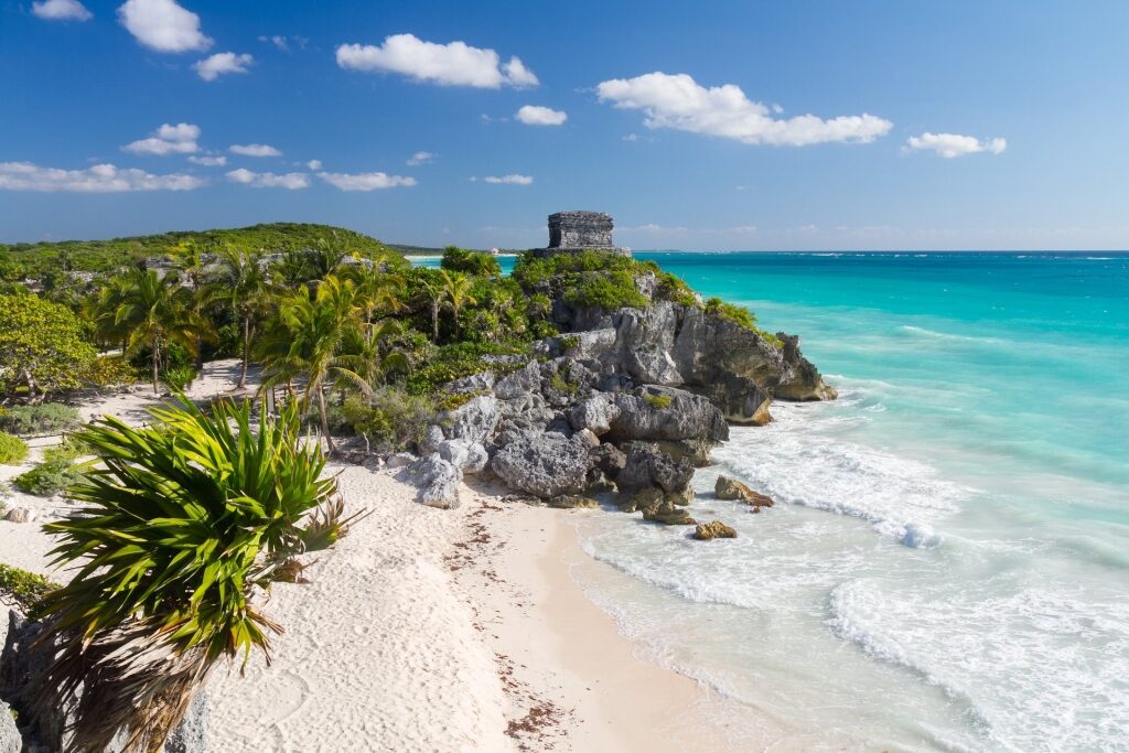 White sand beach and mayan ruins in Tulum, Mexico