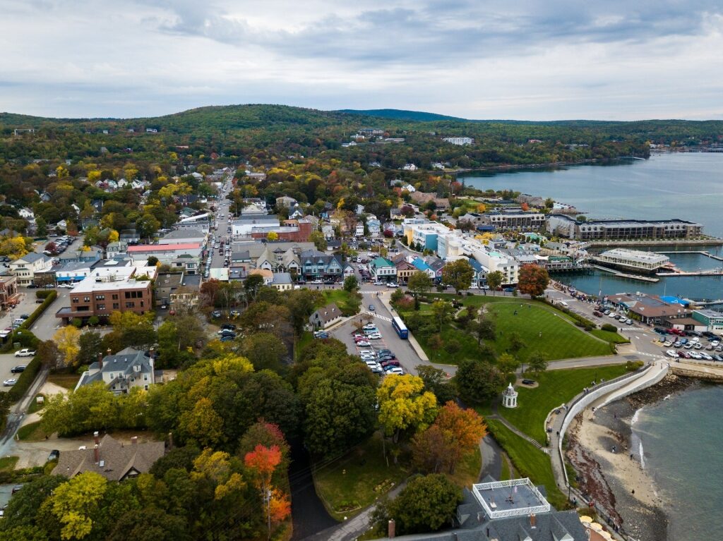 View of houses and port in Bar Harbor, Maine