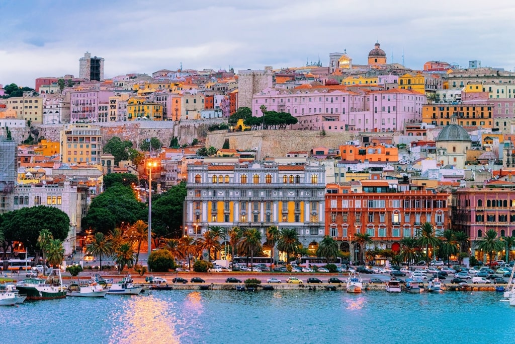 Colorful buildings across a port in Cagliari Italy cruise port