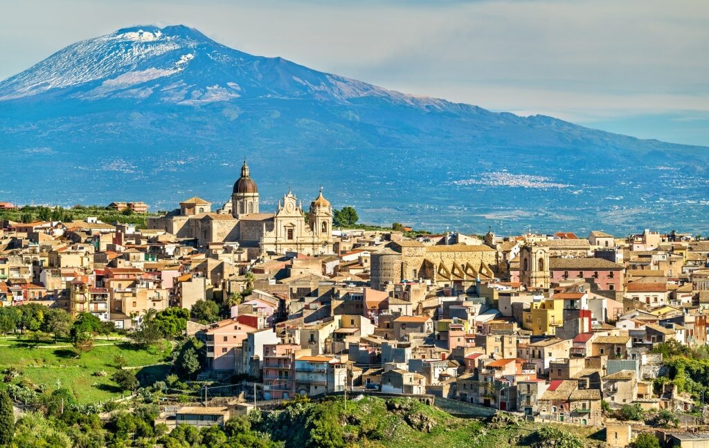 Beautiful landscape of Catania Italy cruise port with Mount Etna as backdrop