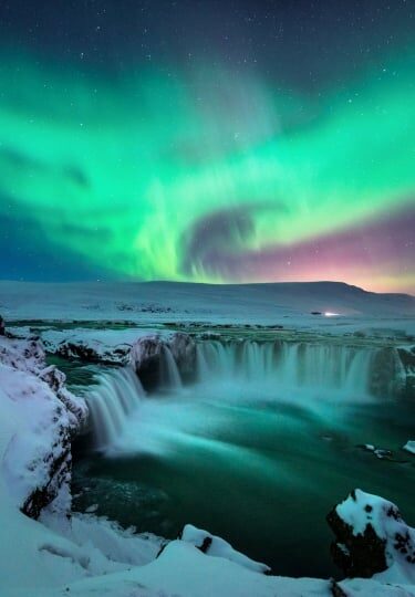Beautiful view from Godafoss Waterfall during a Northern Lights cruise to Iceland