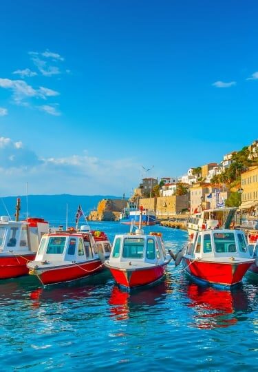 Colorful taxi boats in Hydra Island, Greece